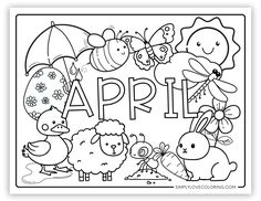 an adult coloring page with the words spring and animals in black and white, including flowers,