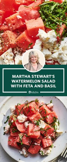 watermelon salad with feta and basil on a white plate next to a woman's face