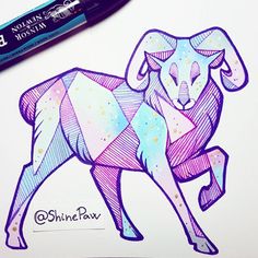 a drawing of a ram on paper next to a marker and some colored pencils