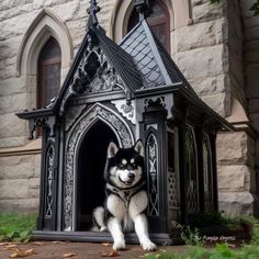 a black and white husky dog sitting in a gothic style pet house with its front door open