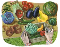 a painting of hands holding a box full of fruit and vegetables in front of a wooden fence