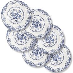 six blue and white plates stacked on top of each other