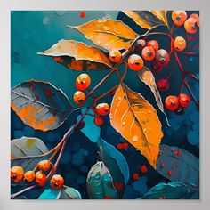 an oil painting of leaves and berries on a blue background with oranges, yellows and browns