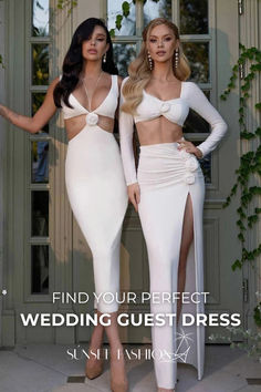 two women in white dresses standing next to each other with the caption find your perfect wedding guest dress