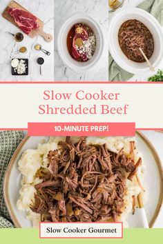 the slow cooker shredded beef recipe is shown on a plate with rice and other ingredients