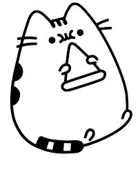 a black and white drawing of a cat with a piece of pizza in its mouth