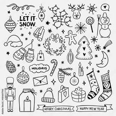 hand drawn christmas doodles on white paper with black and white lettering, including the words let it snow