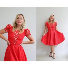 Cute 1950's Western dress in women's size xs to sm. Dress zips up the back with a metal zipper and has a fitted bodice. Elastic puff sleeves in a red star fabric with a matching V shaped yoke. Full a-line shape. Fabric is a thicker cotton blend canvas like material. In excellent, near mint vintage condition with no flaws to note. Brand: DeLoris Size: None Listed; Would best fit a modern xs/sm. FOR REFERENCE: I am 5'3" and usually wear a size 2/4 and this was a great fit. Size is just an estimate Fitted Vintage Dress For Retro-themed Summer Events, Vintage Dress For Retro-themed Spring Events, Spring Vintage Dress For Retro-themed Events, 1950s Style Vintage Dress For Retro-themed Spring Events, 1950s Style Vintage Dress For Spring Retro Events, Retro Red Dress For Costume Party, Red Fitted Knee-length Vintage Dress, Fitted Vintage Dress For Retro-themed Events, Retro Fitted Dress For Retro-themed Events