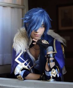 a woman with blue hair and black gloves is leaning on a window sill looking at the camera