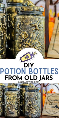 some old jars are sitting on a table with the words diy potion bottles from old jars