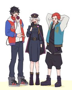 three anime characters standing next to each other