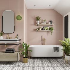 a bathroom with pink walls and flooring, potted plants on the shelf next to the bathtub