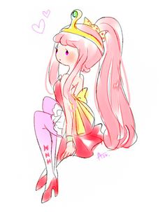 a drawing of a princess with pink hair and a crown on her head sitting down