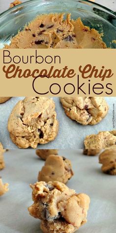 bourbon chocolate chip cookies on a baking sheet and in the background, there is a glass bowl full of cookies