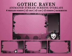 an animated stream screens overlays 4 premade scenes with skulls and roses on pink background