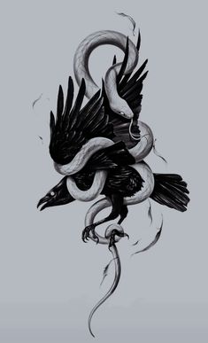 a black and white drawing of a bird with two snakes on it's back