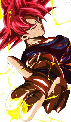 an anime character with bright red hair and black clothes, sitting in front of a white background