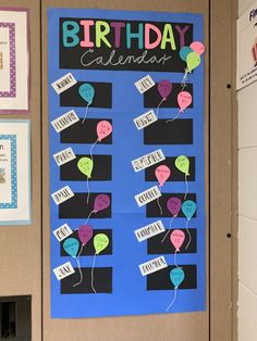 a bulletin board decorated with birthday messages and balloons on the front, attached to a bulletin board