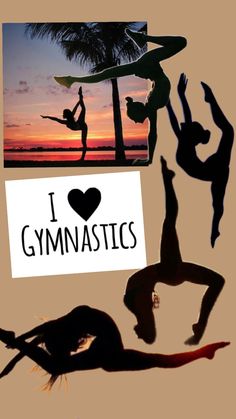 the silhouettes of people doing yoga in front of a sunset with i love gymnastics