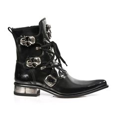 New Rock Men's Shoes Black Calf-Skin Leather Ankle Boots M-2284-C10 (NR1271)-AmbrogioShoes New Rock Boots, Skull Logo, Mens Shoes Black, Mens Designer Shoes, New Rock, Emo Fashion, Logo Color, Handmade Shoes, Natural Rubber