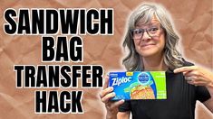 a woman holding up a sandwich bag in front of her face with the words sandwich bag transferer hack