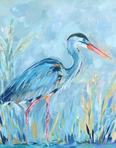 a painting of a blue heron standing in tall grass