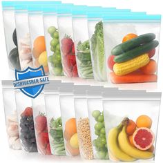 six clear ziplock bags filled with fresh fruits and vegetables, each containing an assortment of different types of fruit