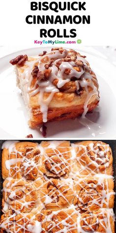 two different views of some food on a plate and in the middle one is a cinnamon roll