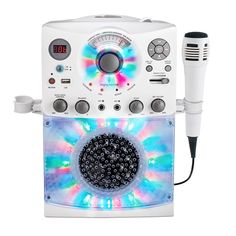 an electronic device with speakers and microphones attached to the back side, on a white background