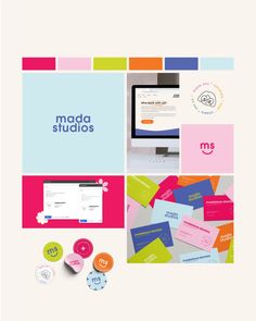 an assortment of colorful business cards and stationery on a white background with the words madea studios above them