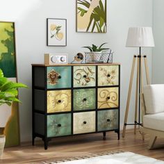 a multicolored chest of drawers in a living room