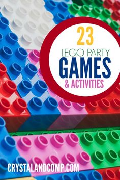 lego party games and activities with text overlay that reads 23 lego party games and activities