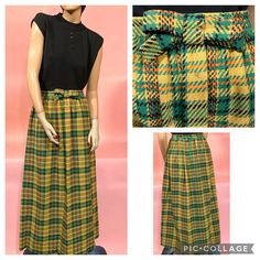 "Incredible Vintage Condition! True Vtg 60's Plaid MAXI SKIRT -Mustard Yellow-Green-Orange  -Bow in Front  -Pleated in the Back-MOD! What KNOCK OUT COLORS!  This Skirt is a conversation piece! Beautifully custom-made skirt! Made with GORGEOUS Plaid Wool FABRIC! Lined in Mint Green Rayon  Zips in back Measurements: Waist-24\" Hips-38 Length-40\" Please take a moment to look at the other cool and eclectic vintage items I have here in my Etsy shop.  Follow Chez Gigi Studios for new daily listings! Retro Green Skirt For Fall, Retro Fall Skirt For Vintage Fashion, Vintage Yellow Fitted Skirt, Fitted Vintage Yellow Skirt, Vintage Multicolor Skirt For Fall, Retro Pleated Skirt For Fall, Plaid Maxi Skirt, Orange Bows, Vintage Eclectic