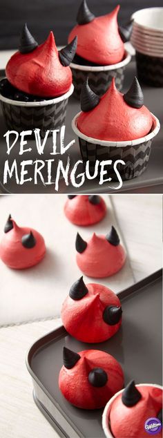 devil cupcakes with red frosting and black icing on top, sitting in a pan