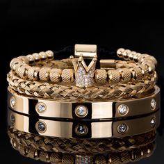 Luxury Micro Pave CZ Crown Roman Royal Charm Men Bracelets Stainless Steel Crystals Bangles Couple Roman Bracelet, Deer Jewelry, Bracelet Stand, Men Bracelets, Crystal Bangle, Stainless Steel Bangles, Handmade Jewelry Gift, Gold Set, Micro Pave