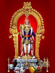 the statue of lord rama is surrounded by fruits and other items on a red background