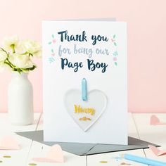 a greeting card with a heart on the front and thank you for being out of page boy