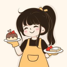 a girl holding a plate with a cake on it