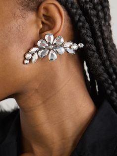 Romantic, feminine details are key to Simone Rocha's collections. Resembling flowers and leaves, these earrings are crafted from silver-tone metal ornamented with glinting crystals. The half-moon profile follows the curve of your lobe beautifully. Moon Profile, Half Moon Earrings, Feminine Details, Flat Dress Shoes, Metal Ornament, Fine Jewelry Designers, Moon Earrings, Beauty Accessories, Silver Pearls