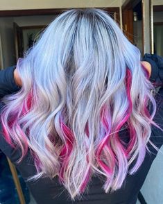 Rose Gold Peekaboo Highlights, Purple Peekaboo Hair, Pink Peekaboo Hair, Purple Blonde Hair, Pink Hair Highlights, Dramatic Hair Colors, Peekaboo Hair Colors, Peekaboo Highlights, Magenta Hair