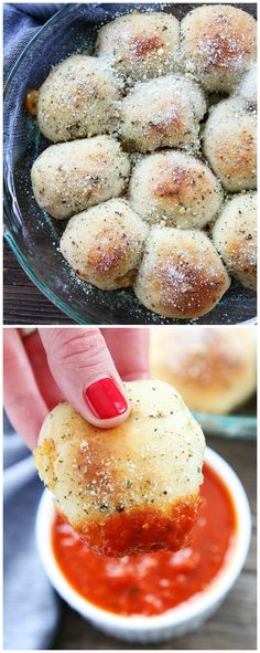 the process of making breaded meatballs in a bowl and then being dipped with marinara sauce