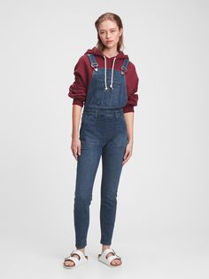 Skinny Denim Overalls | Gap Factory Denim Overalls, Square Neckline, Recycled Materials, Stretch Denim, Gap, Adjustable Straps, Overalls, Buckle, Square