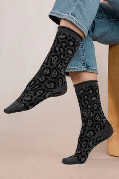 Eliza Faulkner Designs Inc. Accessories Bleuforêt Leopard Sock Grey Animal Print Socks, Denim Sweater Jacket, Cotton Tights, Wool Animals, Liverpool Jeans, Sock Drawer, Mac Jeans, Twist Top, Denim Sweater