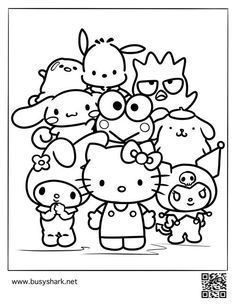 the hello kitty family coloring page is shown in black and white, with an image of them