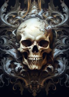 a painting of a skull with ornate designs on it