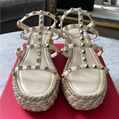 Worn Only Twice Size 39 Which Is Usually Size 9 Buyers Responsibility To Know Their Size In This Brand Heel Height Is Medium 2-3 In Valentino Sandals, Valentino Garavani Shoes, Womens Shoes Wedges, Valentino Garavani, Heel Height, Sandals, Women Shoes, Heels, Gold