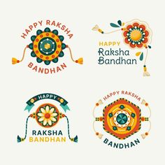 four happy rasha bandhan stickers on a white background, each with different designs