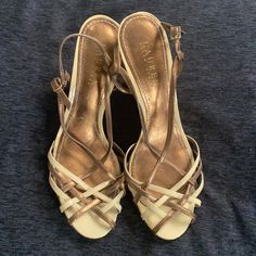 Never Worn Sandals With A Slightly Less Than 4inch Wedge. Please See Photos For Details. Ralph Lauren Gold Heels, Ralph Lauren Heels, Ralph Lauren Shoes, Strappy Wedges, Cream And Gold, Womens Shoes Wedges, Wedge Sandals, Wedges, Ralph Lauren