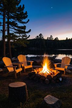 a fire pit with chairs around it in the grass near trees and water at night