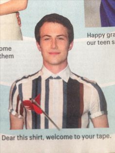 a newspaper clipping with an image of a man wearing a striped shirt and holding a pair of scissors